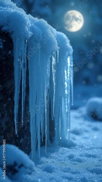 Fototapeta A winter scene with ice dripping down tree branches at night. 
