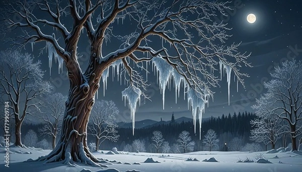 Obraz A winter scene with ice dripping down tree branches at night. 
