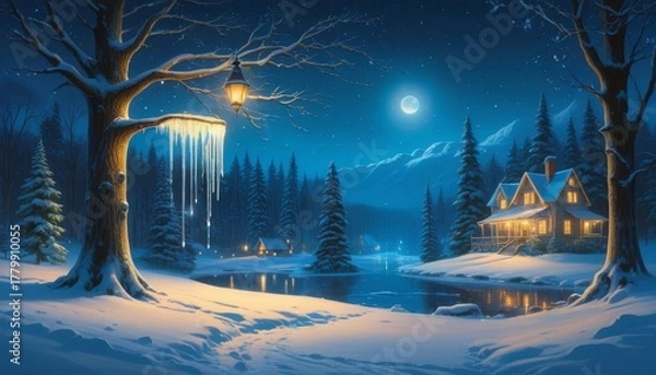 Fototapeta A winter scene with ice dripping down tree branches at night. 