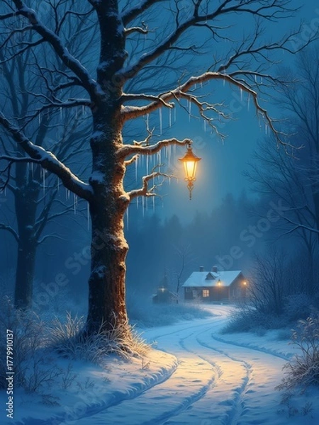 Obraz A winter scene with ice dripping down tree branches at night. 