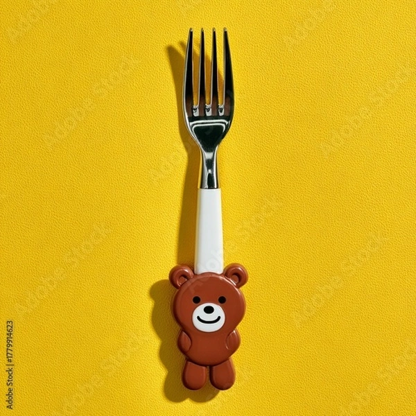Fototapeta a fork with a cute brown teddy bear attached to it against a yellow background