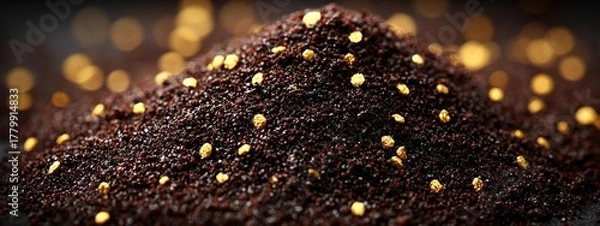 Fototapeta a close-up view of a mound of dark brown soil with small yellow specks