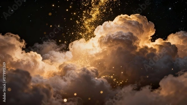 Obraz A mesmerizing view of glowing golden clouds illuminated against a dark, starry sky, creating a dreamlike and ethereal atmosphere.