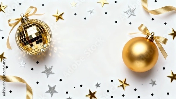 Fototapeta A festive holiday scene featuring golden disco and matte baubles, silver stars, and confetti on a white background.