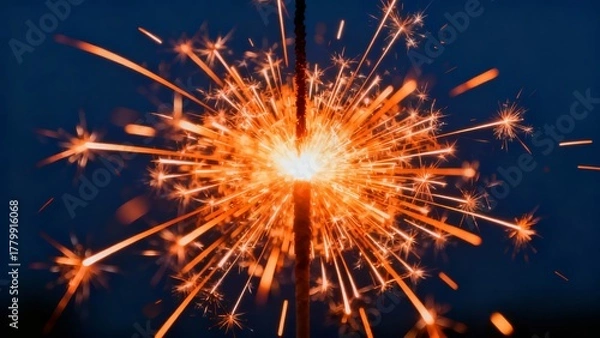 Fototapeta A vibrant sparkler bursts with bright orange and yellow sparks against a dark background, capturing the dynamic energy of a festive celebration.