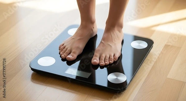 Obraz Female Feet Standing on Digital Weight Scale for Health and Fitness Measurement
