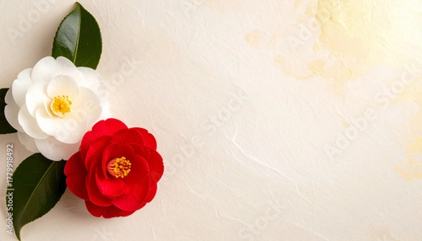 Fototapeta 紅白の椿と柔らかな光が差す和モダン背景