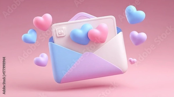 Fototapeta Charming 3D icon of a pastel envelope with blue and pink hearts, conveying love and communication.