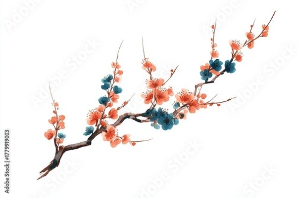 Fototapeta Delicate S-curved branch with blooming orange and blue flowers, isolated on a clean white background
