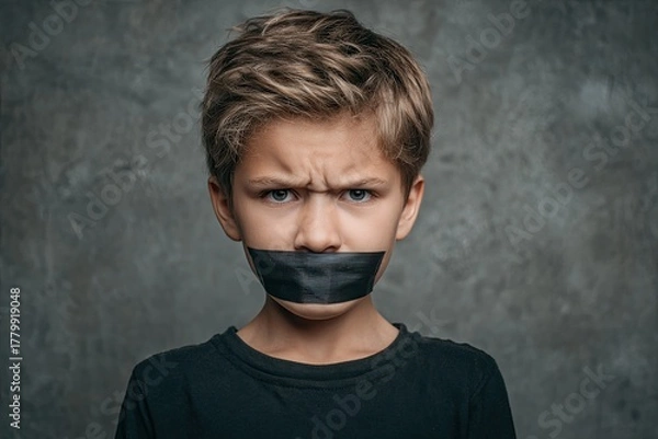Fototapeta Furious young boy with angry expression, mouth taped shut with black duct tape, against a textured wall
