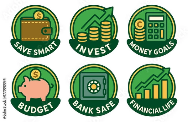 Fototapeta Financial management icons highlighting saving, investing, and budgeting strategies