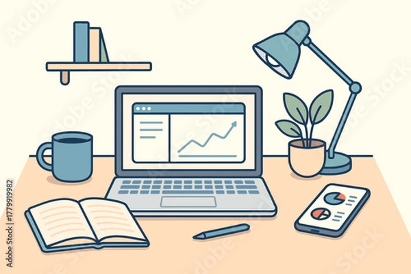 Fototapeta Cozy workspace with laptop, charts, and office supplies on desk