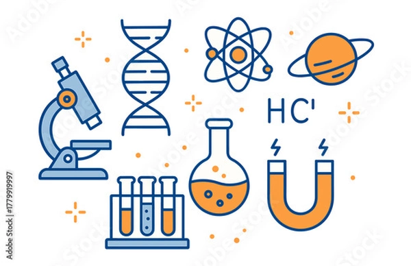 Fototapeta Colorful icons representing science concepts with atoms and laboratory equipment