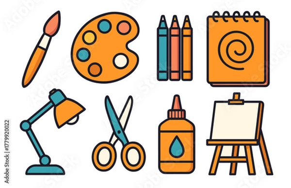 Fototapeta Colorful art supplies set with paintbrush, palette, crayons, and easel