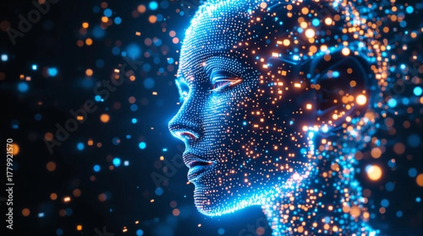 Fototapeta Futuristic profile of digital woman with glowing particles for modern AI technology concepts