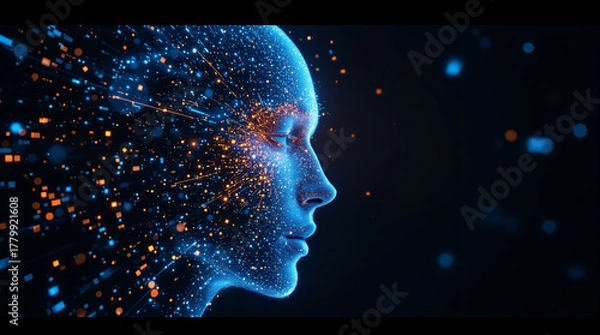 Fototapeta Futuristic AI head with glowing particles shows innovative technology and data insights