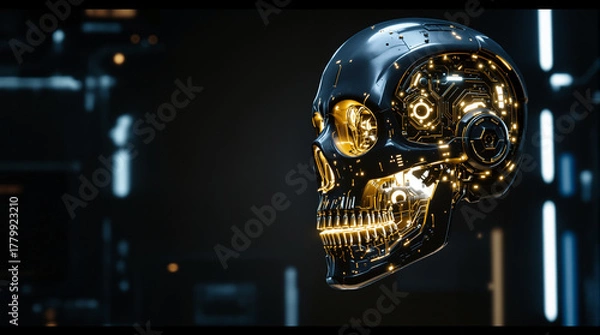 Fototapeta Futuristic robot skull with glowing circuits offers a glimpse into advanced technology
