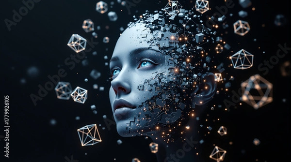 Fototapeta Futuristic AI woman with glowing blue eyes and circuit details presents data insights