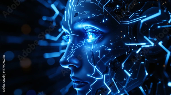 Fototapeta Futuristic glowing cybernetic face with intricate blue circuitry for cutting-edge technology