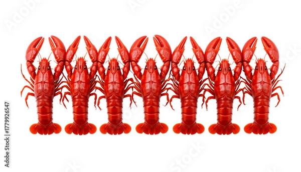 Fototapeta Row of cooked red crawfish fresh seafood delicacy isolated on white background