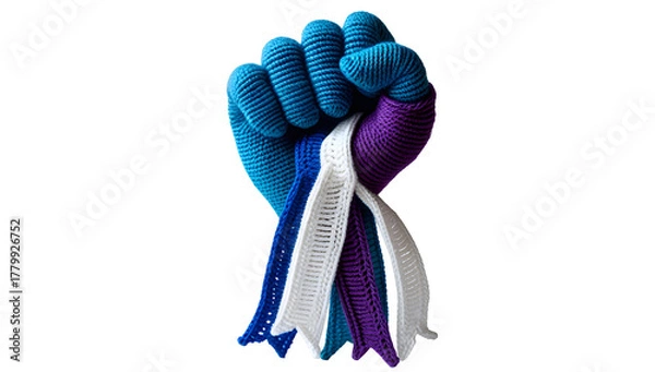 Fototapeta Crocheted fist with ribbons a symbol of solidarity and support isolated on white background