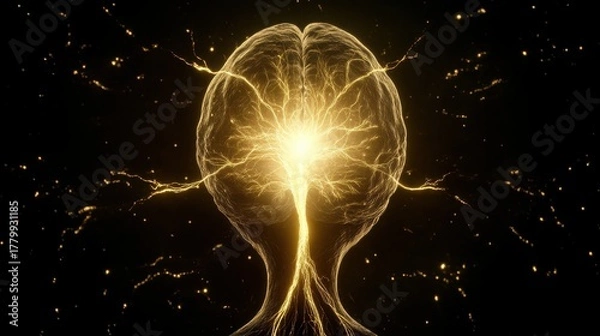 Fototapeta Golden Brain Artificial Intelligence with Glowing Neural Networks and Electrical Sparks on Dark Background Represents Future Technology and Human Mind