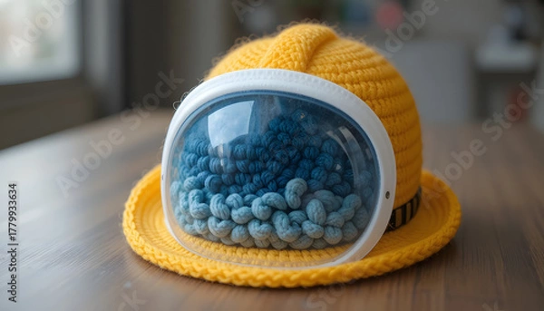 Obraz Yellow crocheted hat resembling an astronaut helmet a creative and playful design perfect for childrens apparel or space-themed projects