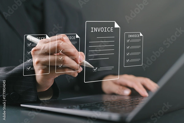 Fototapeta Invoice for payment, digital invoice document, e-invoice and Digital billing concept, Woman using laptop to manage electronic statements. E-tax, Online invoice processing and tax accounting solutions