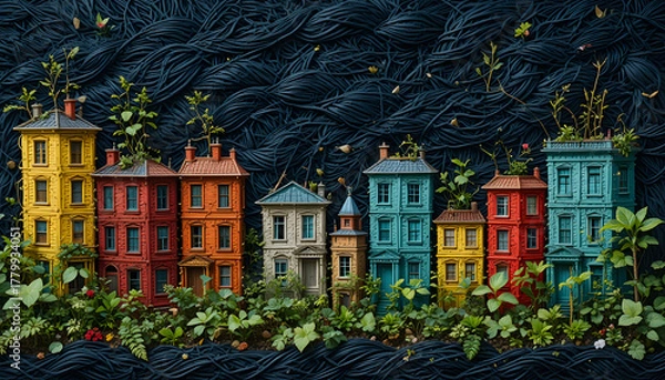 Fototapeta Row of colorful townhouses with plants whimsical illustration of urban nature conceptual image for sustainable living