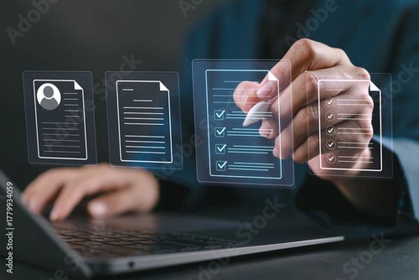 Fototapeta Accountant showing office document auditing concept, plan review process and assess correctness, Management of important document storage of organization, document system, accountant audit documents.