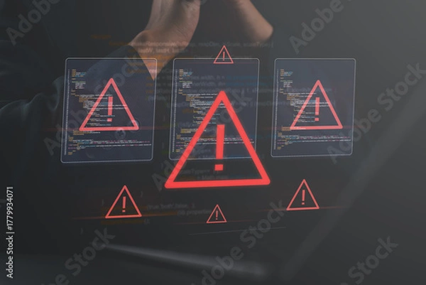 Fototapeta Programmer and virtual icons, exclamation mark, alarm, computer virus detected, danger warning concept or information error that should be urgently fixed and repaired, Notification of security issues
