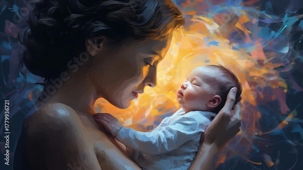 Fototapeta A mother lovingly cradles her sleeping newborn in her arms, illuminated by a warm, golden light