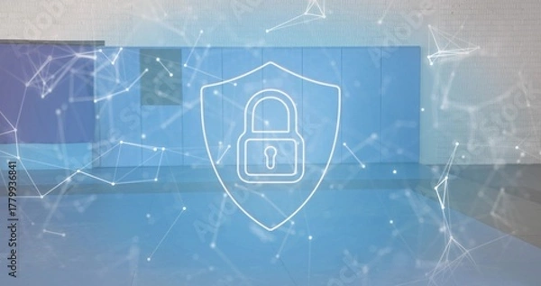 Obraz Projecting white shield with padlock hovering over conference stage, network nodes, blue panel wall