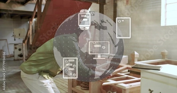 Fototapeta Working carpenter using chisel shaping furniture frame in carpentry shop, with AI icons