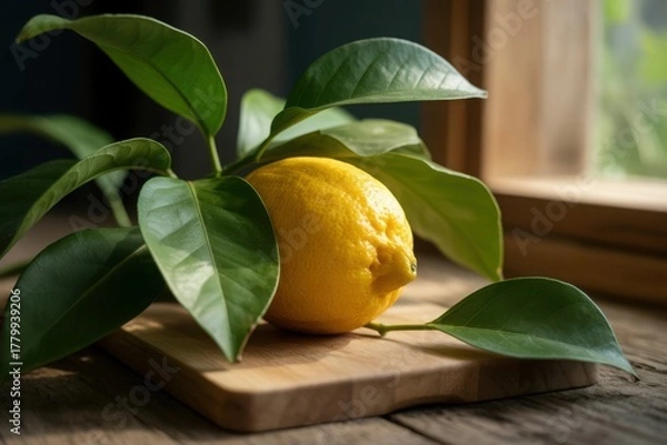 Obraz Close-up of a ripe lemon on a wooden board with lush green leaves sunlight