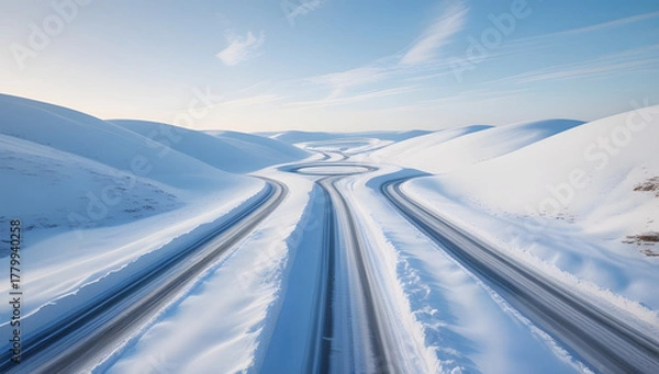 Fototapeta Snowy roundabout and roads in winter landscape aerial view of transportation infrastructure cold season travel concept