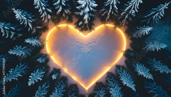 Fototapeta Heart shaped frozen lake surrounded by snow covered pine trees winter landscape with glowing heart romantic nature scene