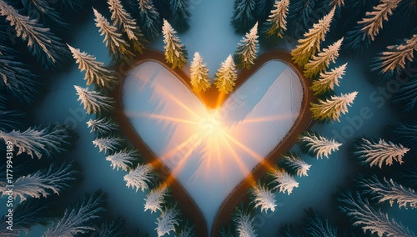 Fototapeta Heart shape formed by snowy pine trees winter scene with bright sunlight symbolizing love and nature in a cold season