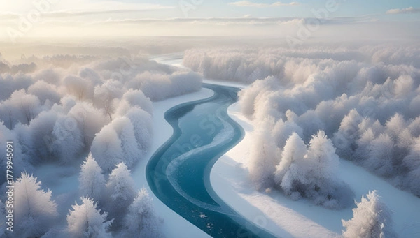 Fototapeta Aerial view of a winding river through a snow-covered forest winter landscape serene and peaceful nature scene