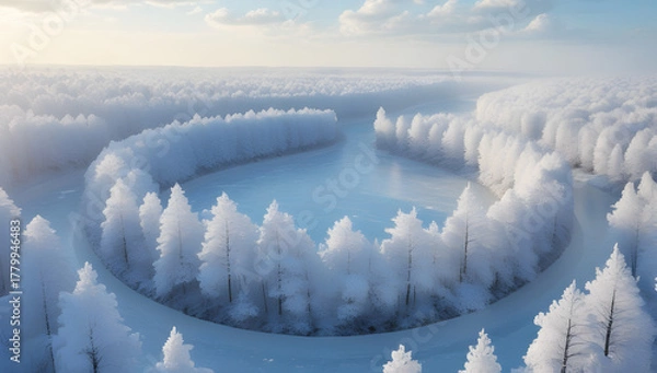 Obraz Aerial view of a frozen river and snow-covered trees creating a serene winter landscape perfect for travel and nature themes