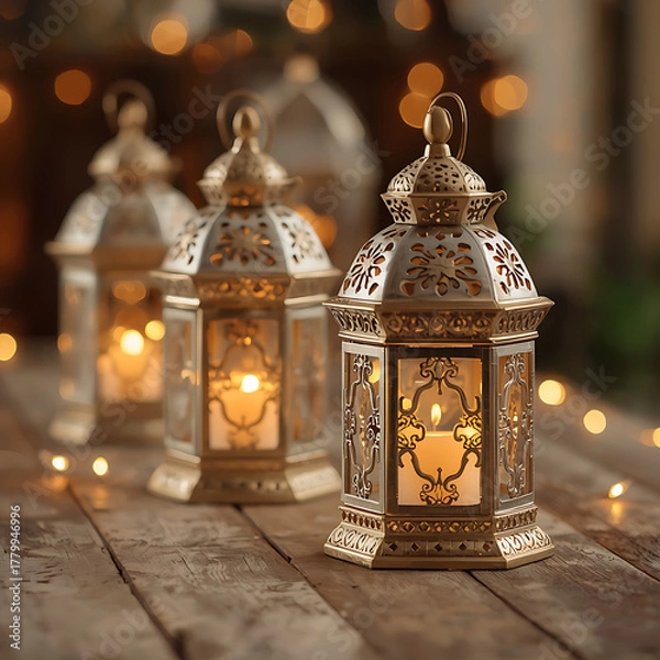 Fototapeta Ornate metal lanterns emit soft warm candlelight, creating a cozy holiday decor ambiance, set on a rustic wooden table with blurred background bokeh lights, suitable for product mockup and branding.