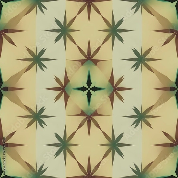 Fototapeta Abstract symmetrical pattern with radiating star-like shapes in muted earthy tones, creating a harmonious visual design.