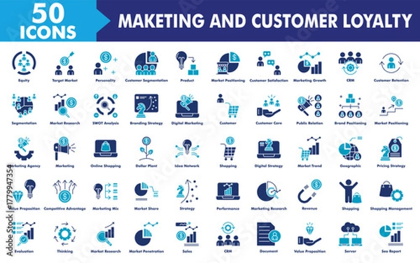 Fototapeta Marketing And Customer Loyalty Icon Set Collection. Consist Of Demographic, Target Market, Personality, Customer Segmentation, Product Development. Simple Flat Vector Illustration.