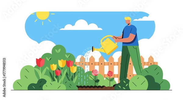Obraz Minimalist Vector Illustration of Man Watering Garden Flowers in Bright Colors in Modern Style