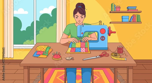 Obraz Vector Illustration of Woman Sewing with Sewing Machine in Modern Casual Style with Bright Colors and Cozy Interior