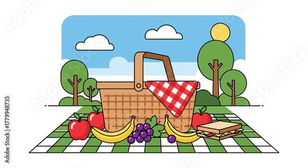 Obraz Vector Illustration of Picnic Basket with Fruits and Blanket in Modern Organic Style Featuring Bright Colors