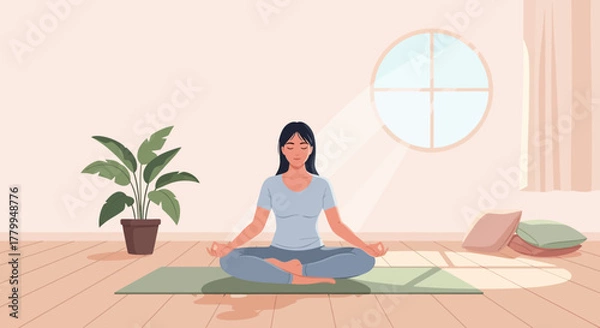 Obraz Vector Illustration of Woman Meditation Scene in Minimalist Style with Calm Indoor Atmosphere and Soft Natural Colors