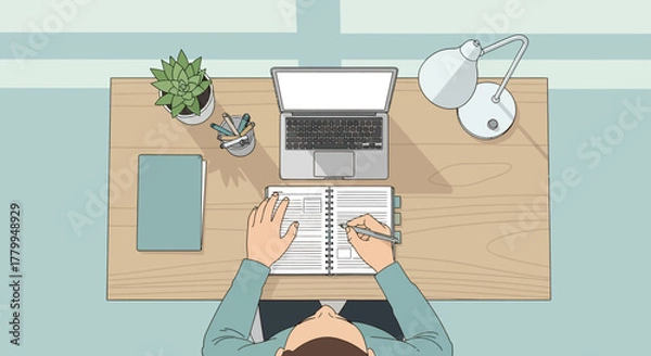 Obraz Minimalist Vector Illustration of a Workspace with Desk Accessories and Laptop in Modern Style