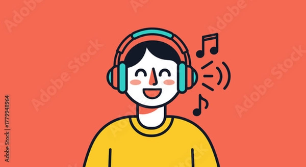 Obraz Vector Illustration of Happy Person Listening Music with Headphones in Minimalist Style in Bright Colors