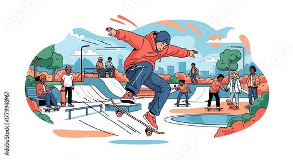 Obraz Vector Illustration of Skateboarder Performing Trick at Skatepark in Modern Style with Bright Colors